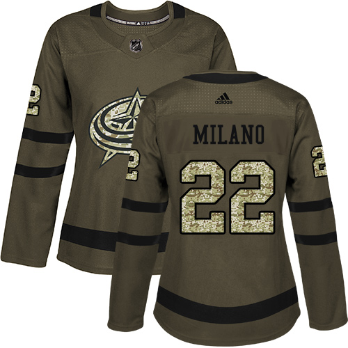 Adidas Blue Jackets #22 Sonny Milano Green Salute to Service Women's Stitched NHL Jersey - Click Image to Close